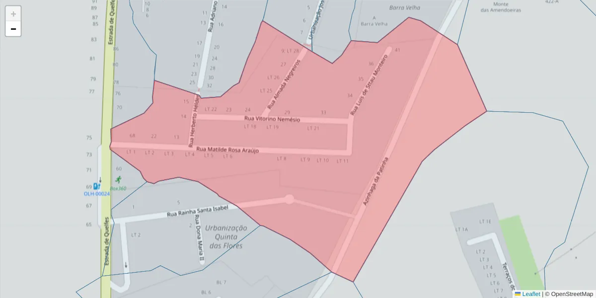 Mapa detalhado do código postal 8700-275 com limites, códigos postais vizinhos e agências dos correios