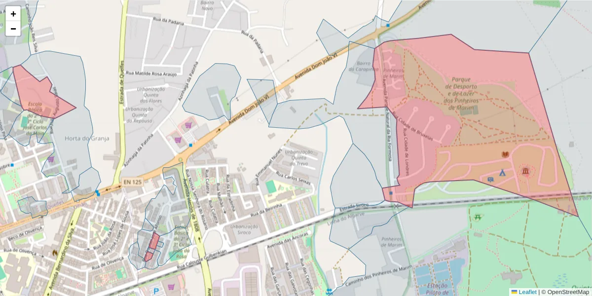 Mapa detalhado do código postal 8700-278 com limites, códigos postais vizinhos e agências dos correios
