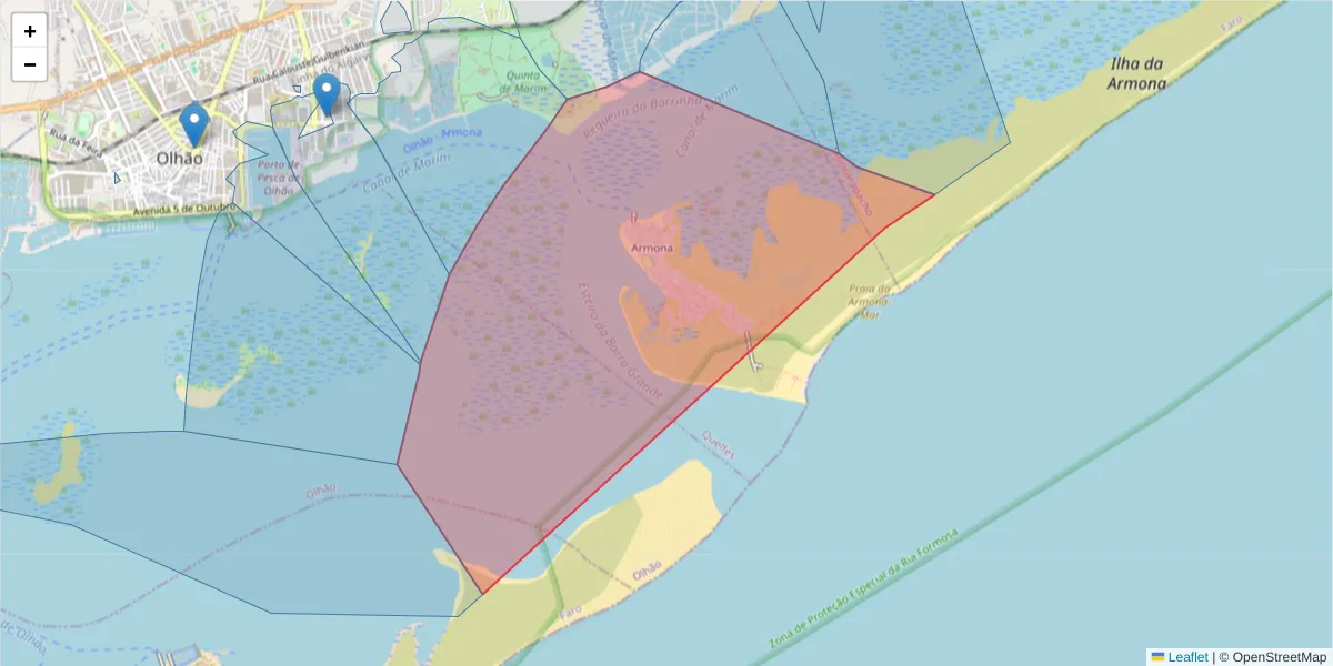 Mapa detalhado do código postal 8700-282 com limites, códigos postais vizinhos e agências dos correios