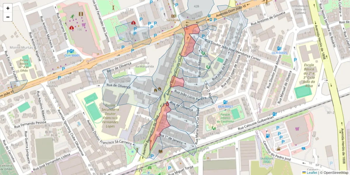 Mapa detalhado do código postal 8700-300 com limites, códigos postais vizinhos e agências dos correios