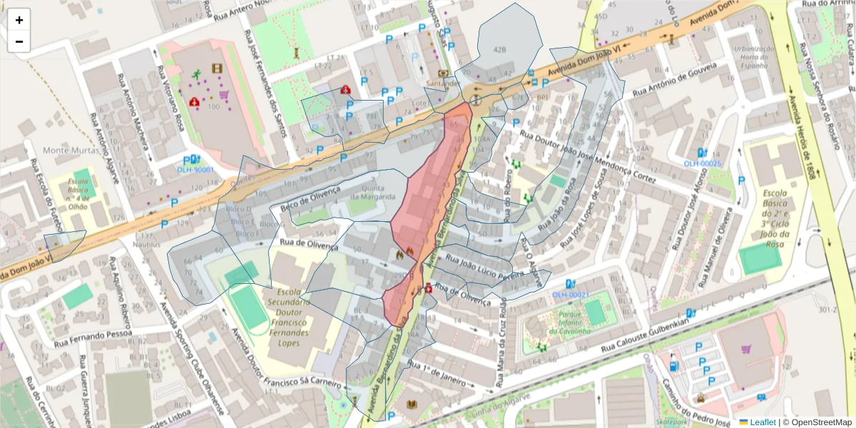 Mapa detalhado do código postal 8700-301 com limites, códigos postais vizinhos e agências dos correios