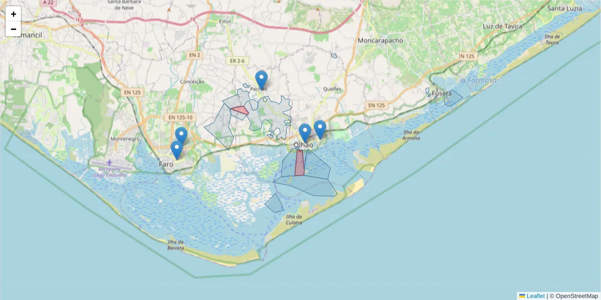 Mapa detalhado do código postal 8700-304 com limites, códigos postais vizinhos e agências dos correios