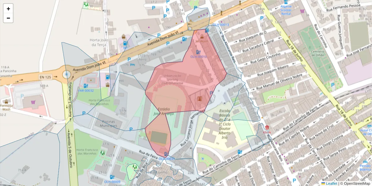 Mapa detalhado do código postal 8700-312 com limites, códigos postais vizinhos e agências dos correios