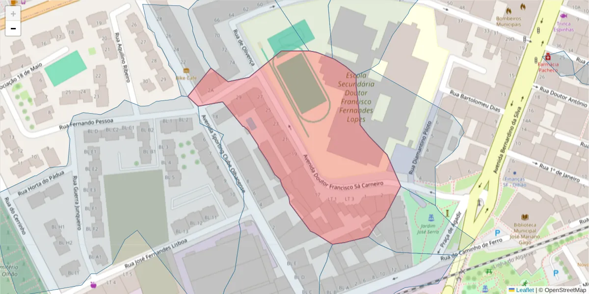 Mapa detalhado do código postal 8700-313 com limites, códigos postais vizinhos e agências dos correios