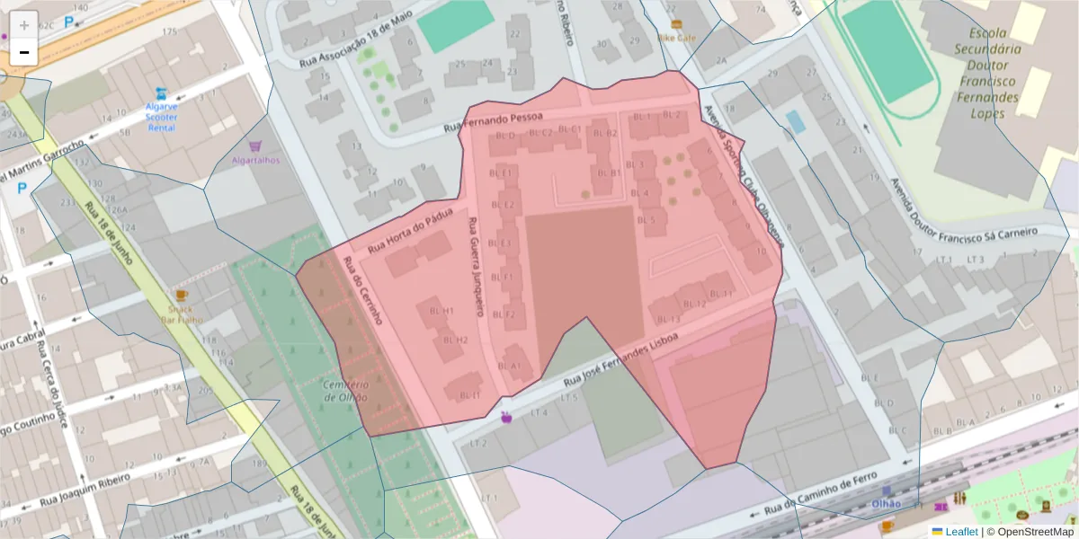 Mapa detalhado do código postal 8700-317 com limites, códigos postais vizinhos e agências dos correios