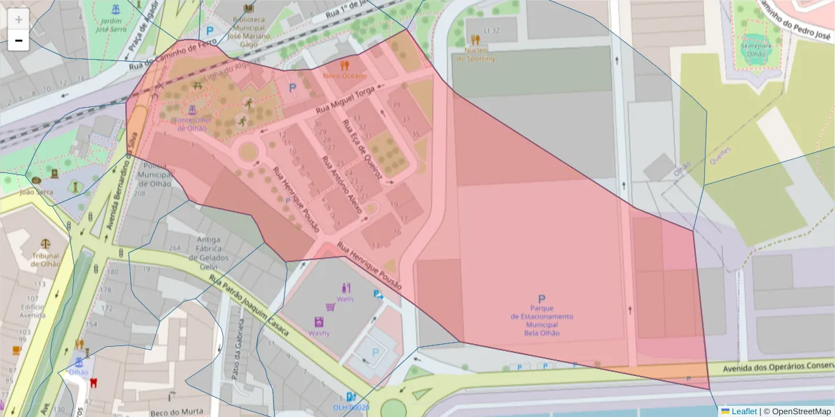 Mapa detalhado do código postal 8700-318 com limites, códigos postais vizinhos e agências dos correios