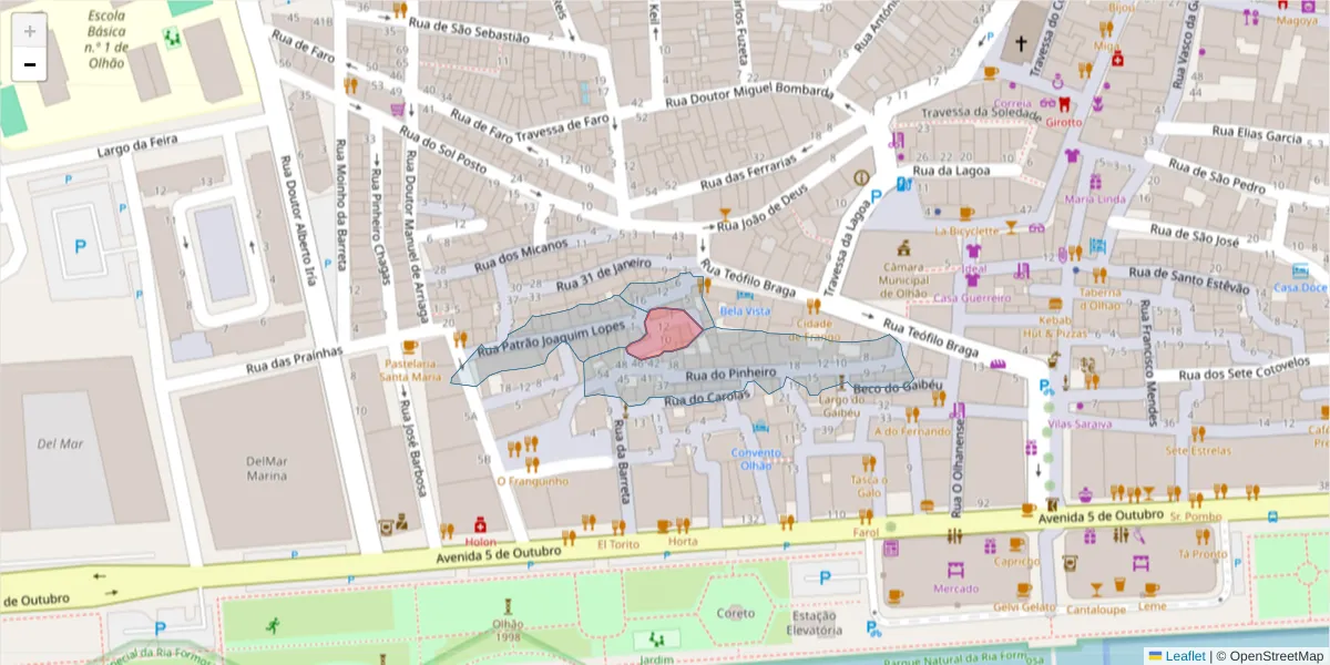 Mapa detalhado do código postal 8700-319 com limites, códigos postais vizinhos e agências dos correios