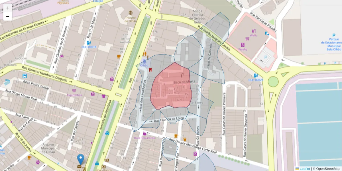 Mapa detalhado do código postal 8700-321 com limites, códigos postais vizinhos e agências dos correios