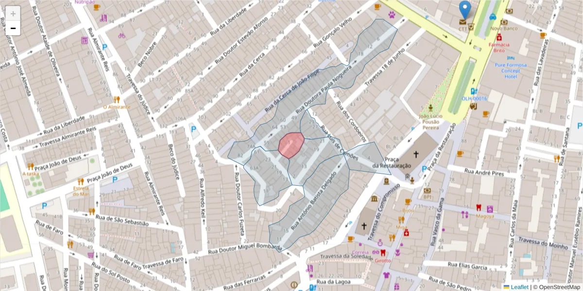 Mapa detalhado do código postal 8700-323 com limites, códigos postais vizinhos e agências dos correios
