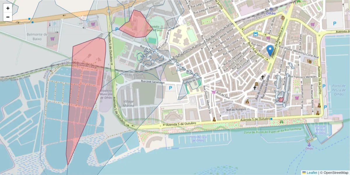 Mapa detalhado do código postal 8700-324 com limites, códigos postais vizinhos e agências dos correios