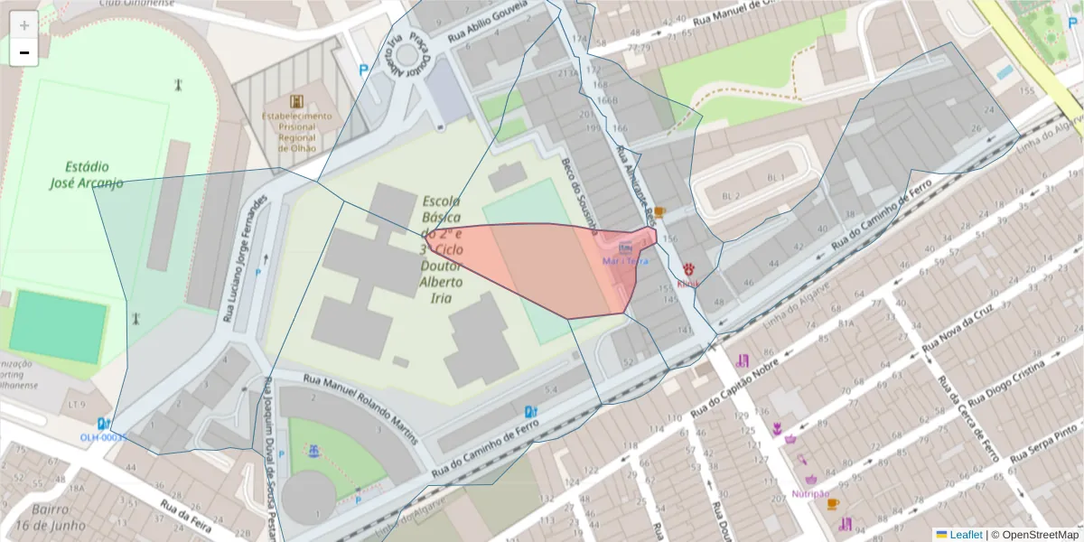 Mapa detalhado do código postal 8700-330 com limites, códigos postais vizinhos e agências dos correios