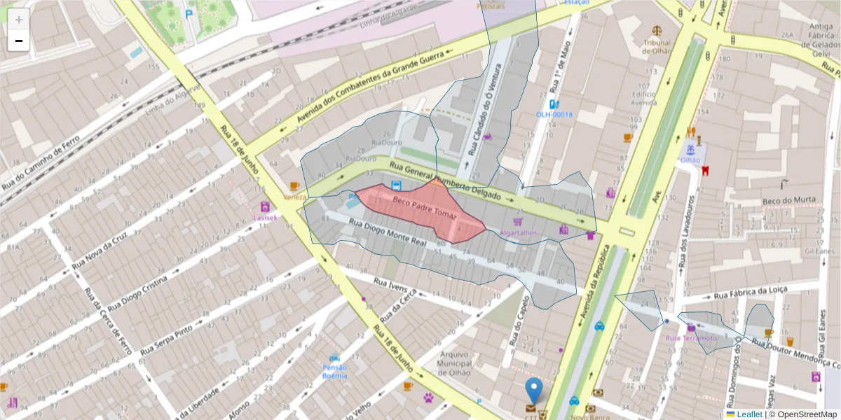 Mapa detalhado do código postal 8700-334 com limites, códigos postais vizinhos e agências dos correios
