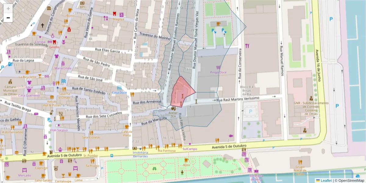 Mapa detalhado do código postal 8700-338 com limites, códigos postais vizinhos e agências dos correios