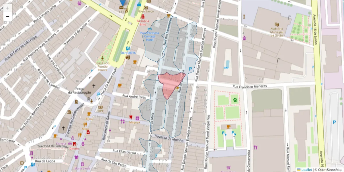 Mapa detalhado do código postal 8700-343 com limites, códigos postais vizinhos e agências dos correios