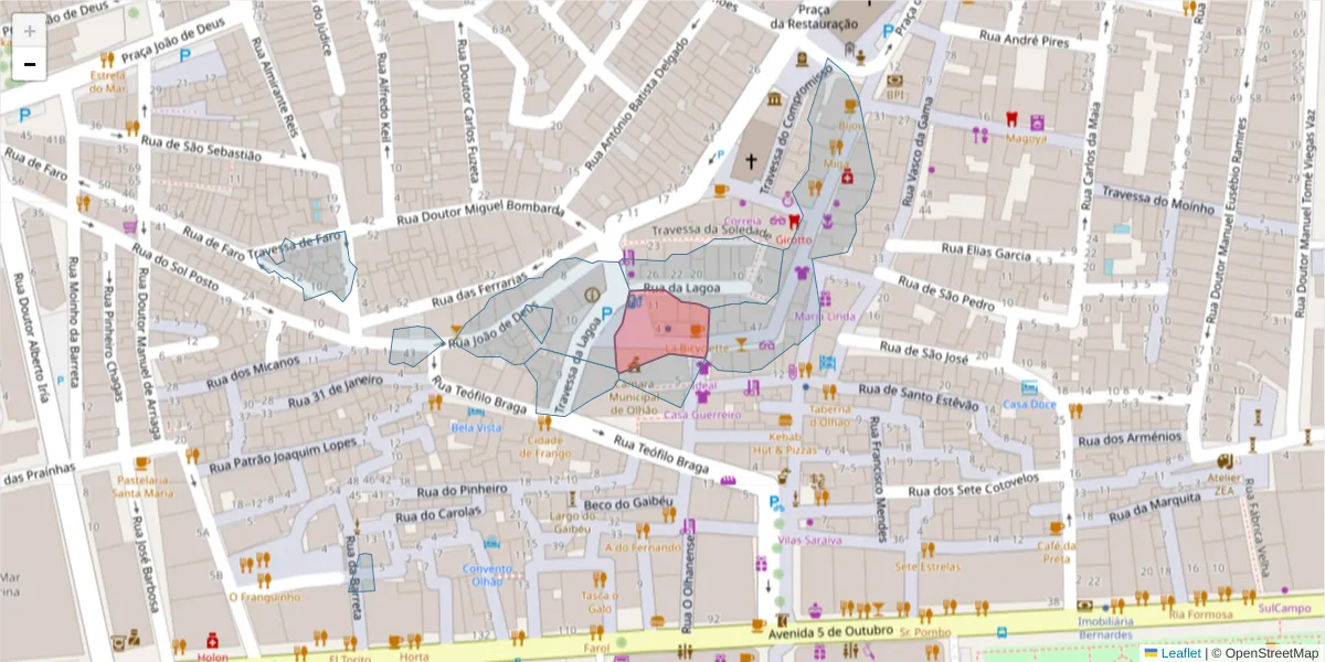 Mapa detalhado do código postal 8700-349 com limites, códigos postais vizinhos e agências dos correios