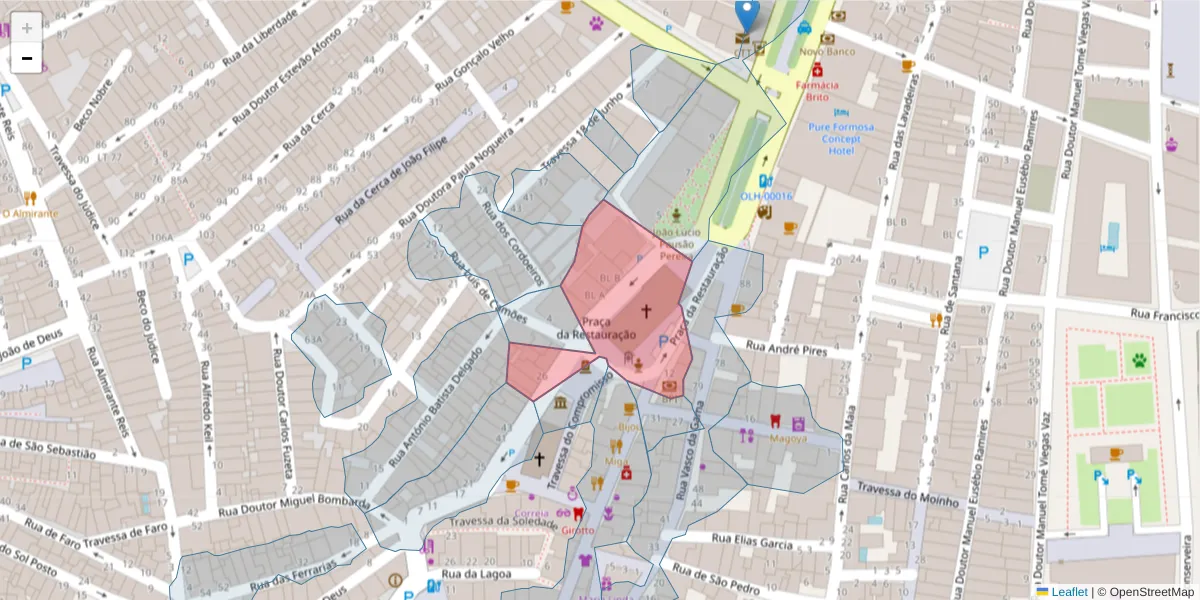 Mapa detalhado do código postal 8700-350 com limites, códigos postais vizinhos e agências dos correios