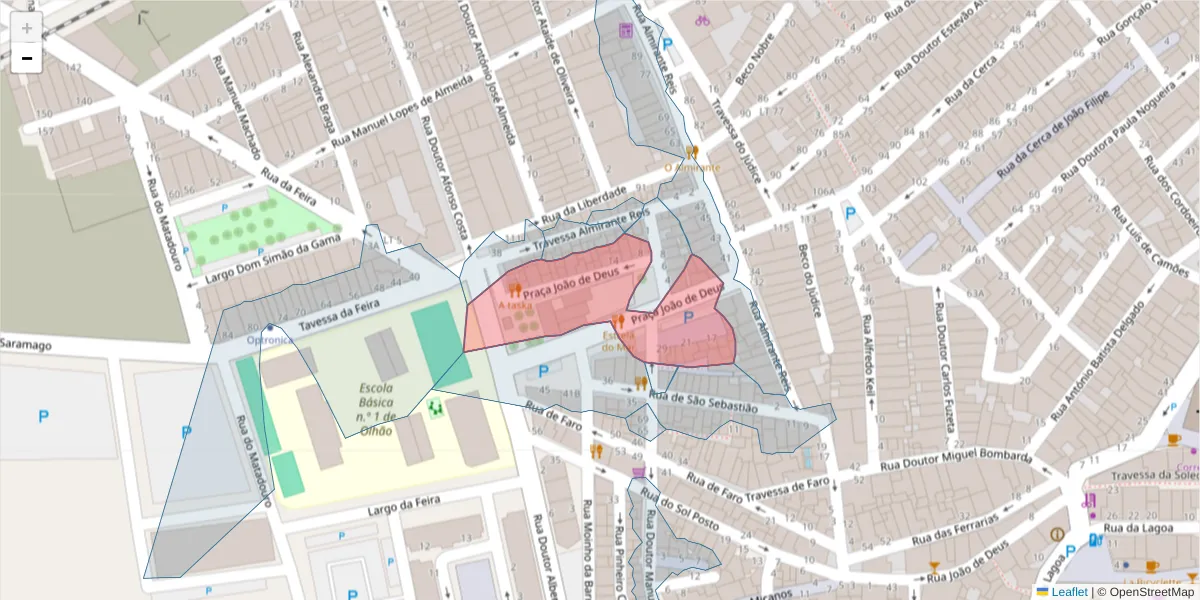 Mapa detalhado do código postal 8700-352 com limites, códigos postais vizinhos e agências dos correios