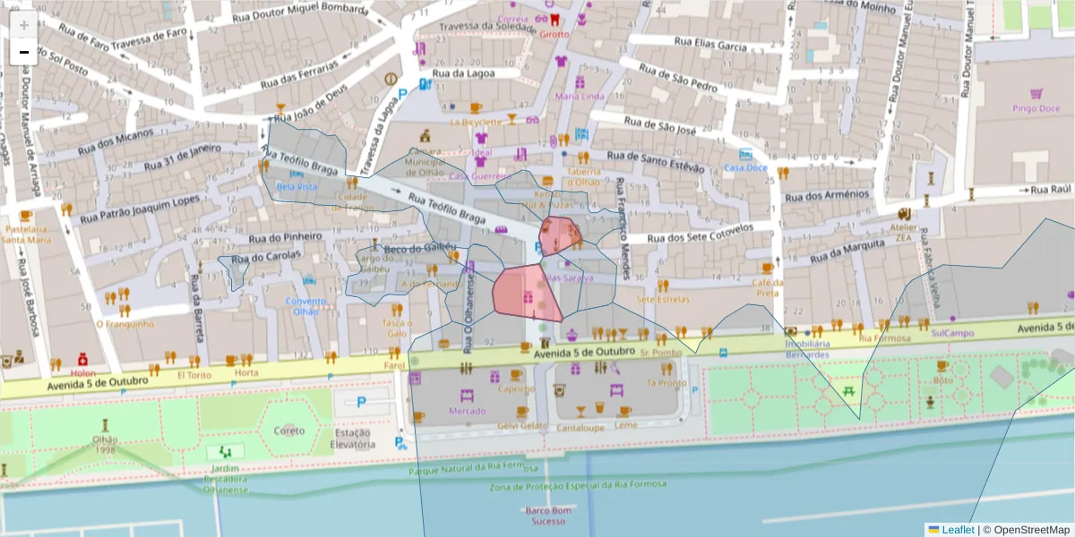Mapa detalhado do código postal 8700-353 com limites, códigos postais vizinhos e agências dos correios
