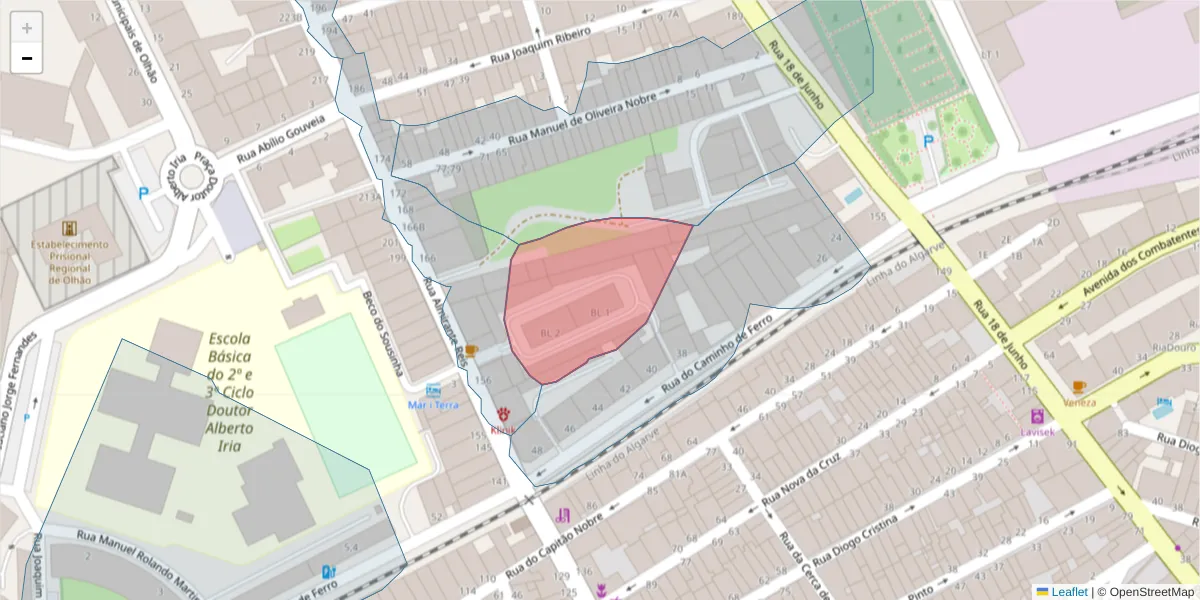 Mapa detalhado do código postal 8700-354 com limites, códigos postais vizinhos e agências dos correios
