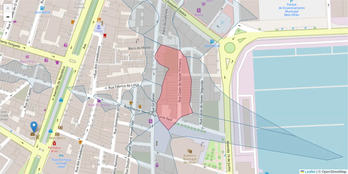 Mapa detalhado do código postal 8700-355 com limites, códigos postais vizinhos e agências dos correios