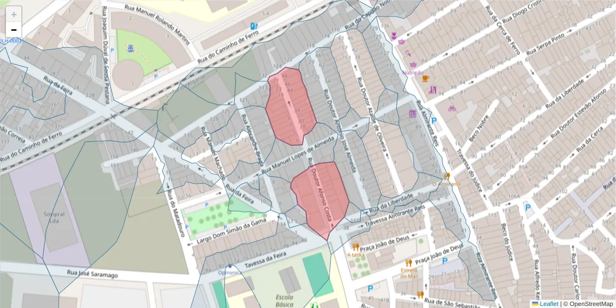 Mapa detalhado do código postal 8700-359 com limites, códigos postais vizinhos e agências dos correios