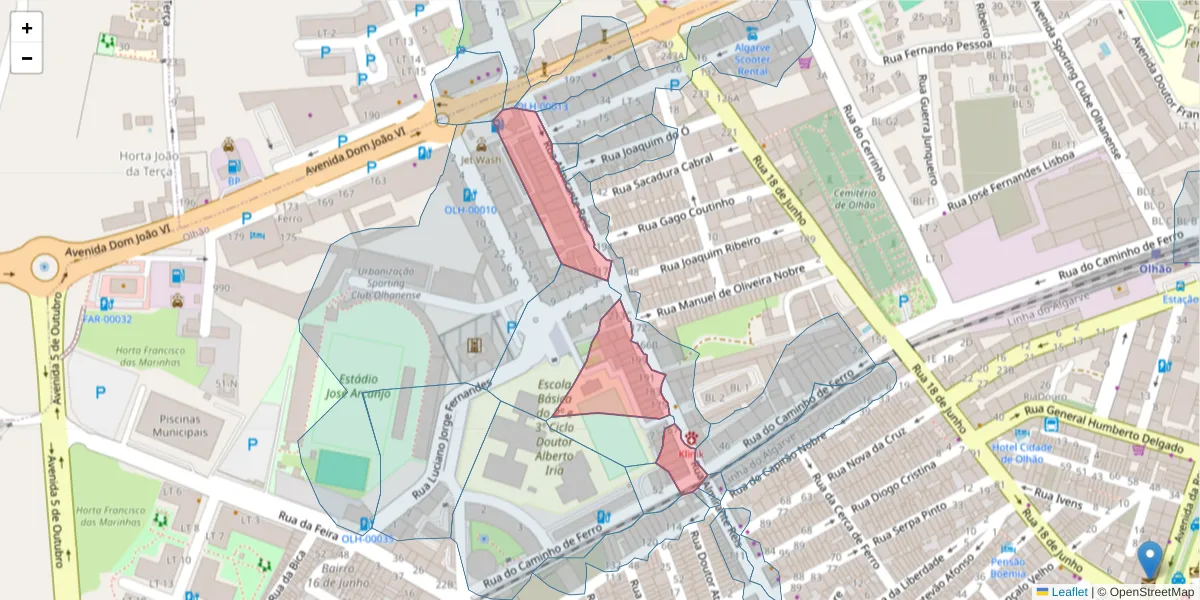 Mapa detalhado do código postal 8700-365 com limites, códigos postais vizinhos e agências dos correios