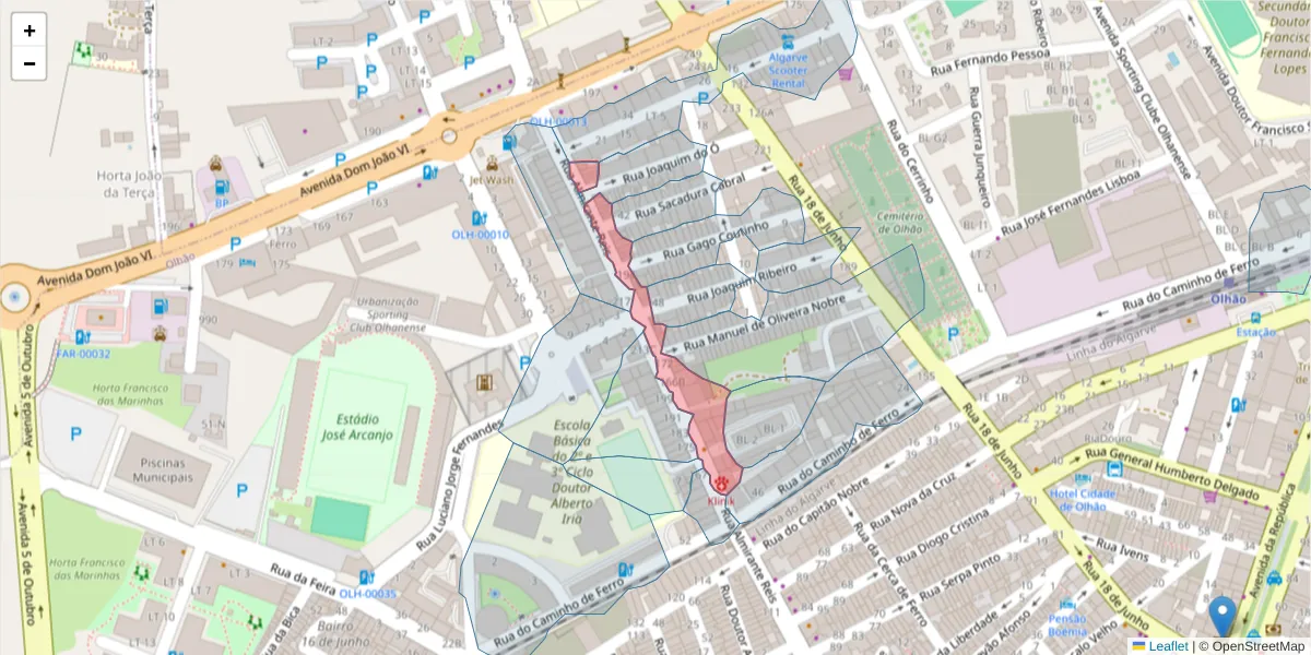Mapa detalhado do código postal 8700-366 com limites, códigos postais vizinhos e agências dos correios