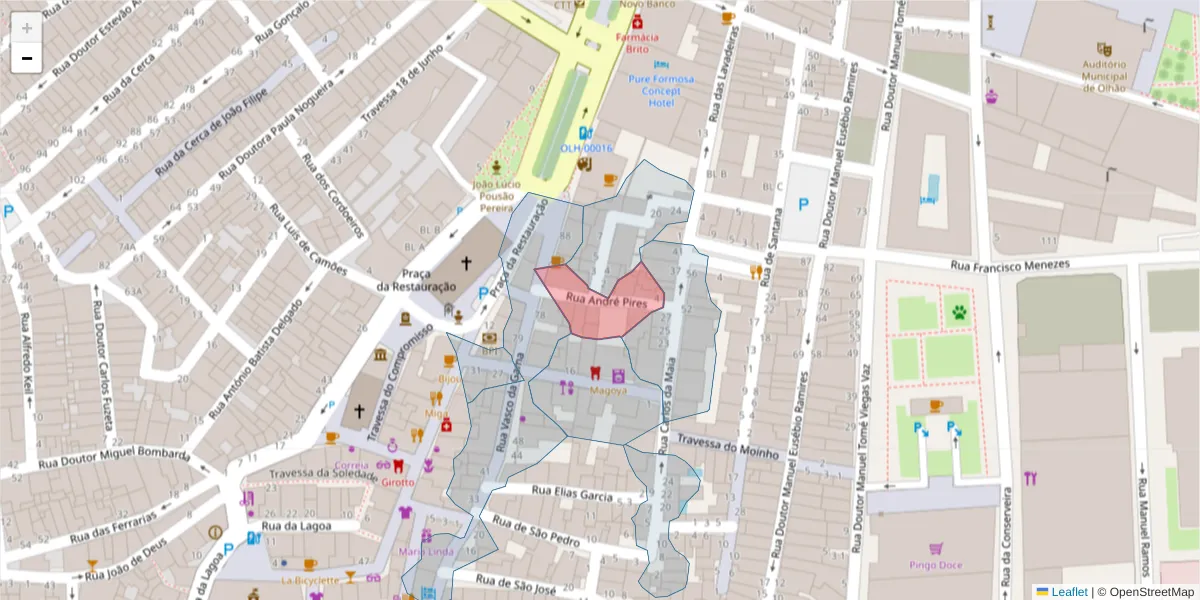 Mapa detalhado do código postal 8700-367 com limites, códigos postais vizinhos e agências dos correios