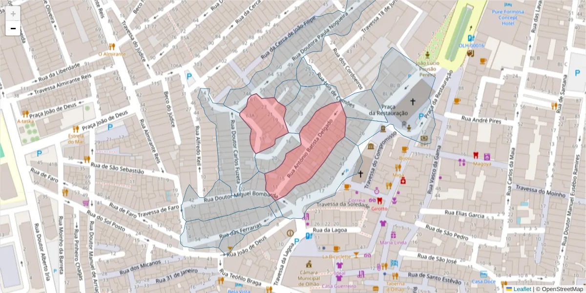 Mapa detalhado do código postal 8700-368 com limites, códigos postais vizinhos e agências dos correios