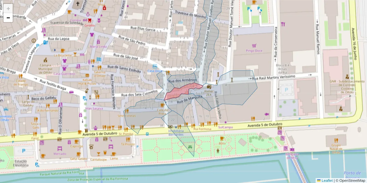 Mapa detalhado do código postal 8700-369 com limites, códigos postais vizinhos e agências dos correios
