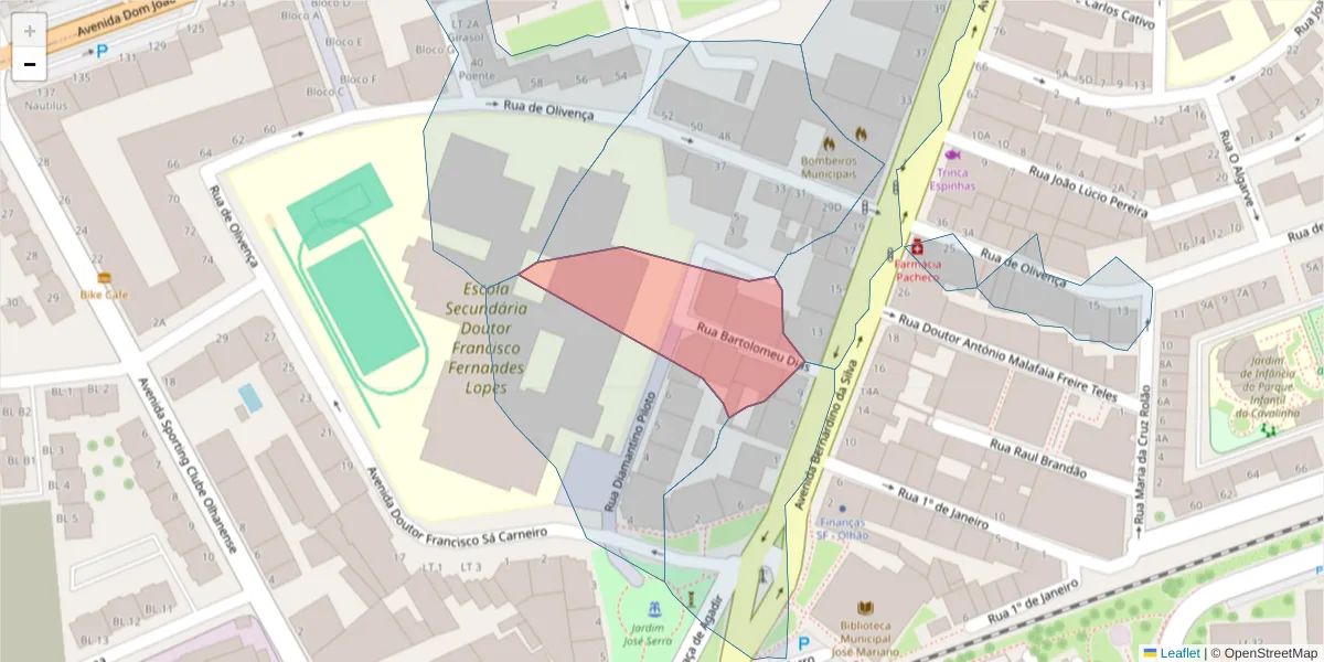 Mapa detalhado do código postal 8700-371 com limites, códigos postais vizinhos e agências dos correios