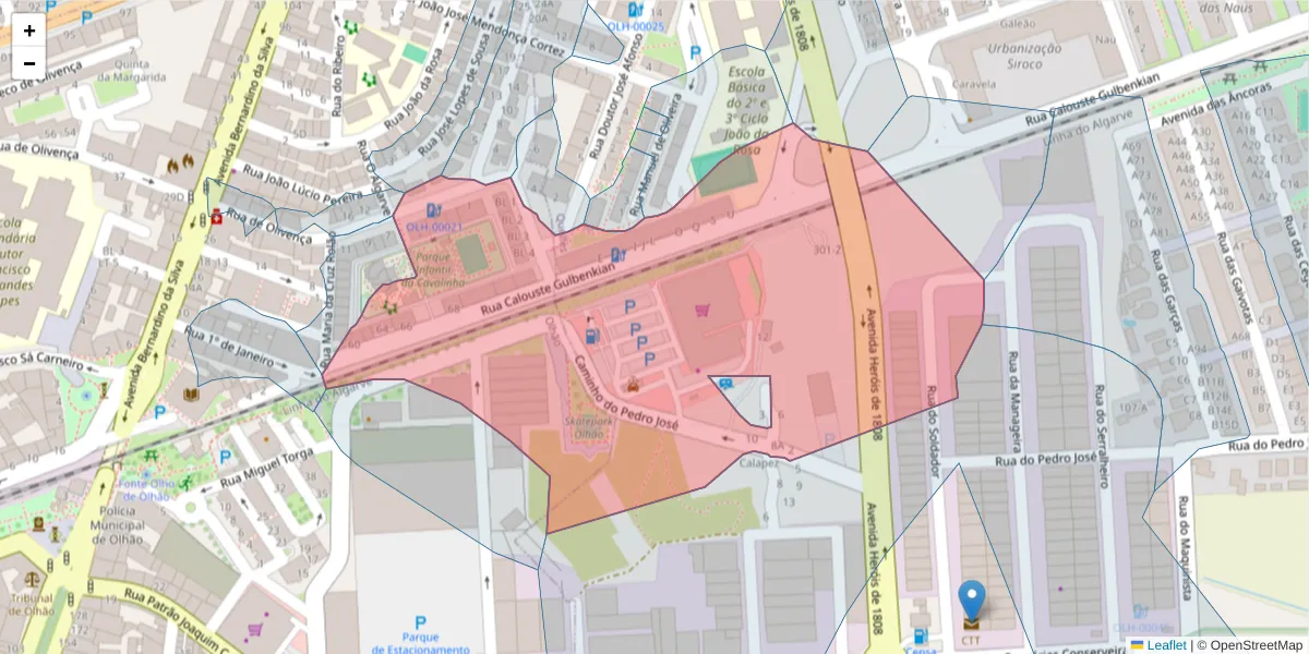 Mapa detalhado do código postal 8700-372 com limites, códigos postais vizinhos e agências dos correios