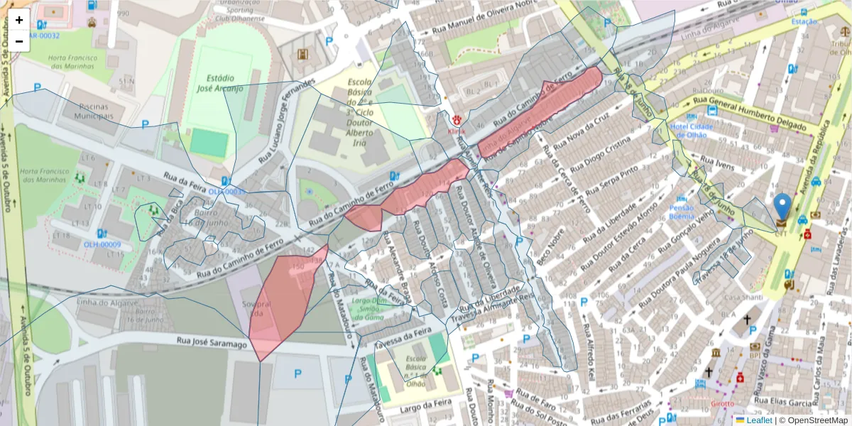 Mapa detalhado do código postal 8700-377 com limites, códigos postais vizinhos e agências dos correios