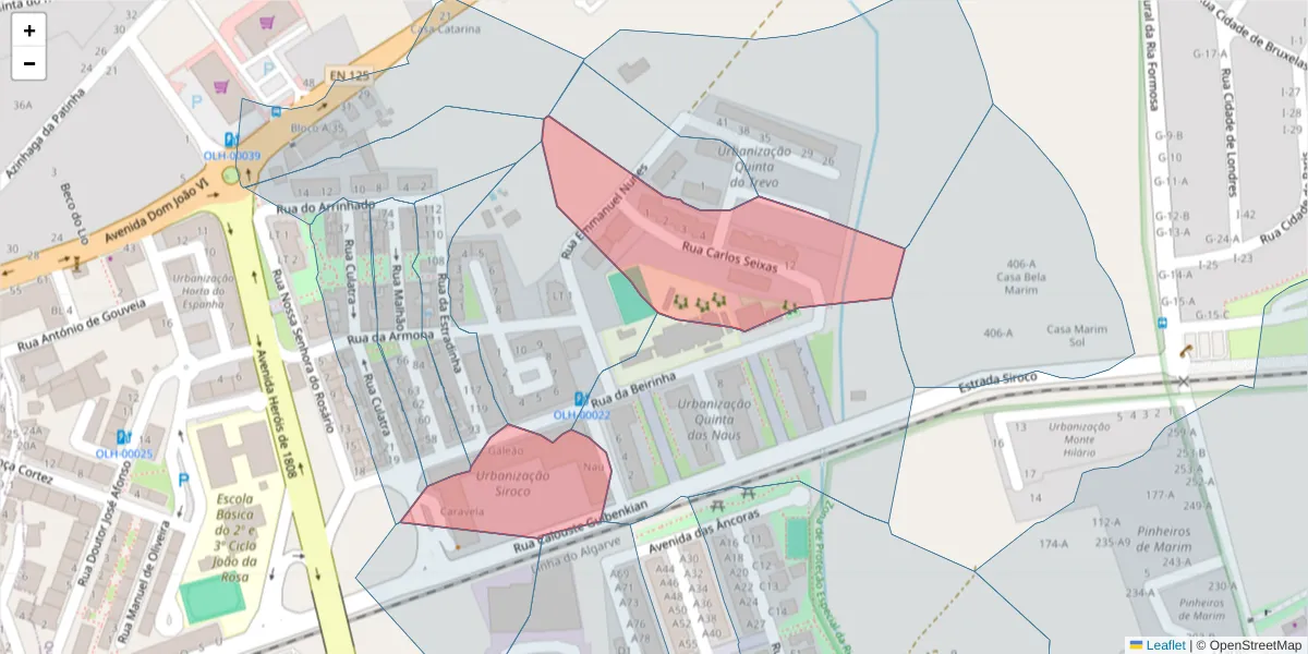 Mapa detalhado do código postal 8700-383 com limites, códigos postais vizinhos e agências dos correios