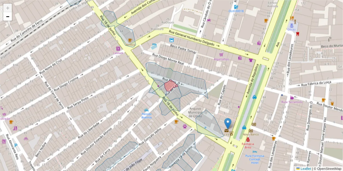 Mapa detalhado do código postal 8700-385 com limites, códigos postais vizinhos e agências dos correios