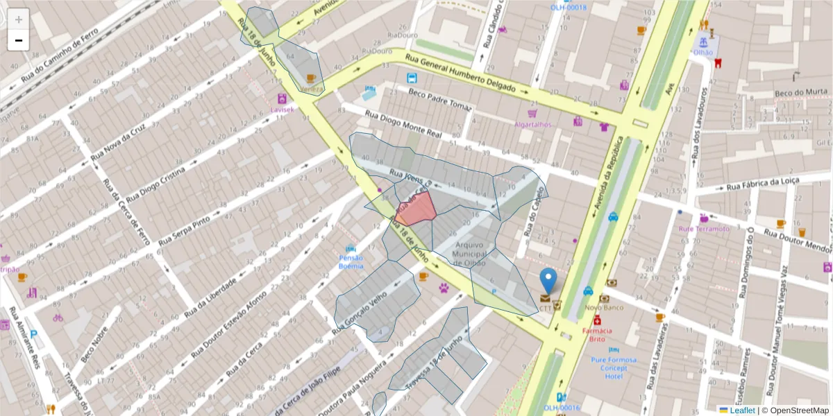 Mapa detalhado do código postal 8700-386 com limites, códigos postais vizinhos e agências dos correios