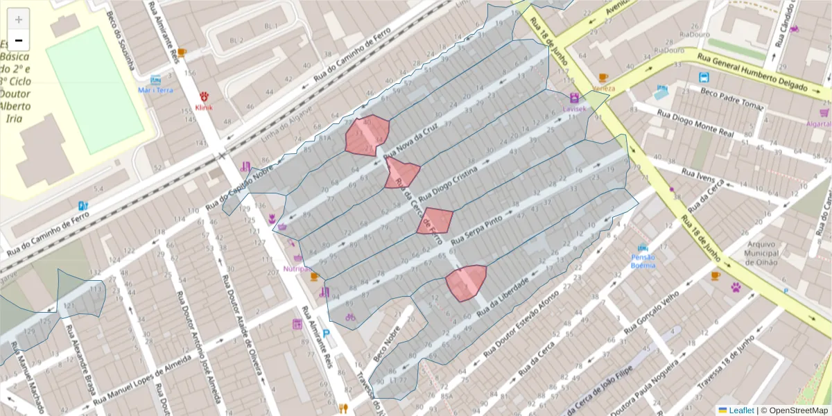 Mapa detalhado do código postal 8700-389 com limites, códigos postais vizinhos e agências dos correios