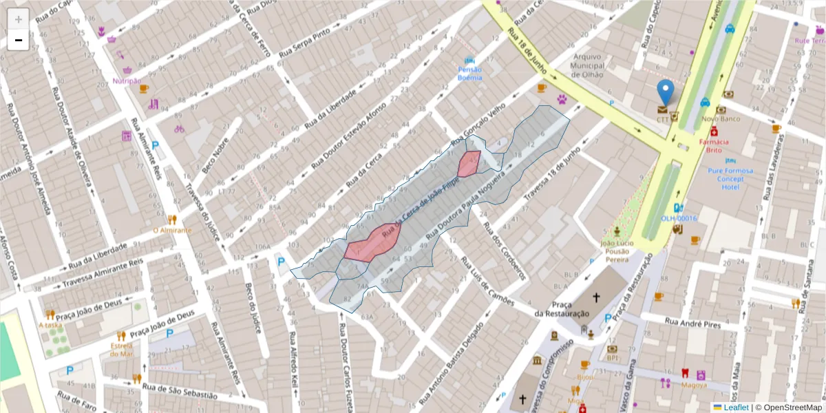 Mapa detalhado do código postal 8700-390 com limites, códigos postais vizinhos e agências dos correios