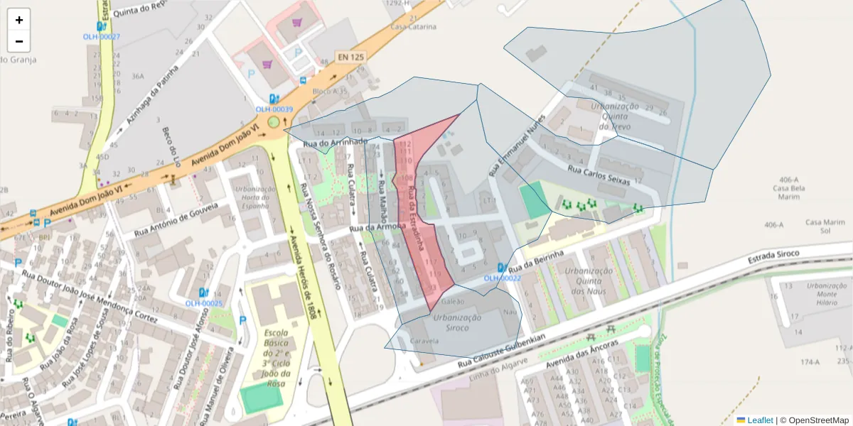 Mapa detalhado do código postal 8700-392 com limites, códigos postais vizinhos e agências dos correios