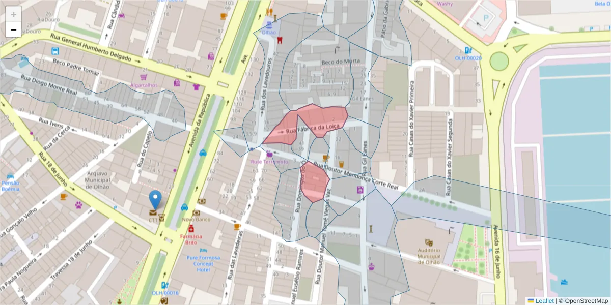 Mapa detalhado do código postal 8700-393 com limites, códigos postais vizinhos e agências dos correios