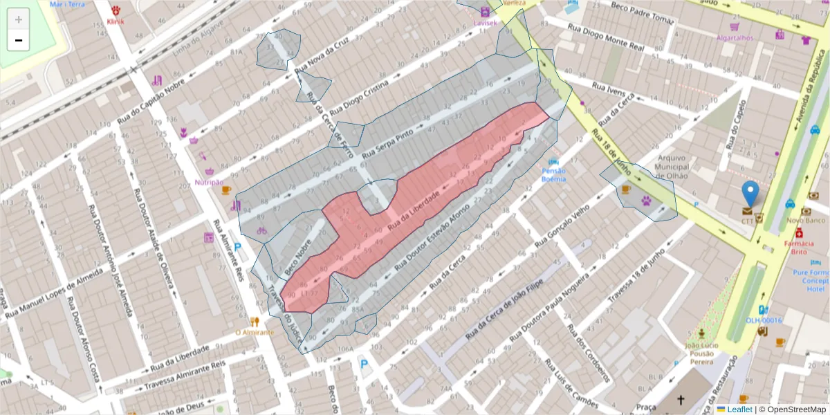 Mapa detalhado do código postal 8700-398 com limites, códigos postais vizinhos e agências dos correios