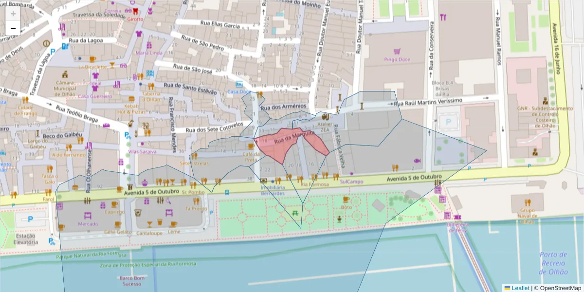 Mapa detalhado do código postal 8700-399 com limites, códigos postais vizinhos e agências dos correios