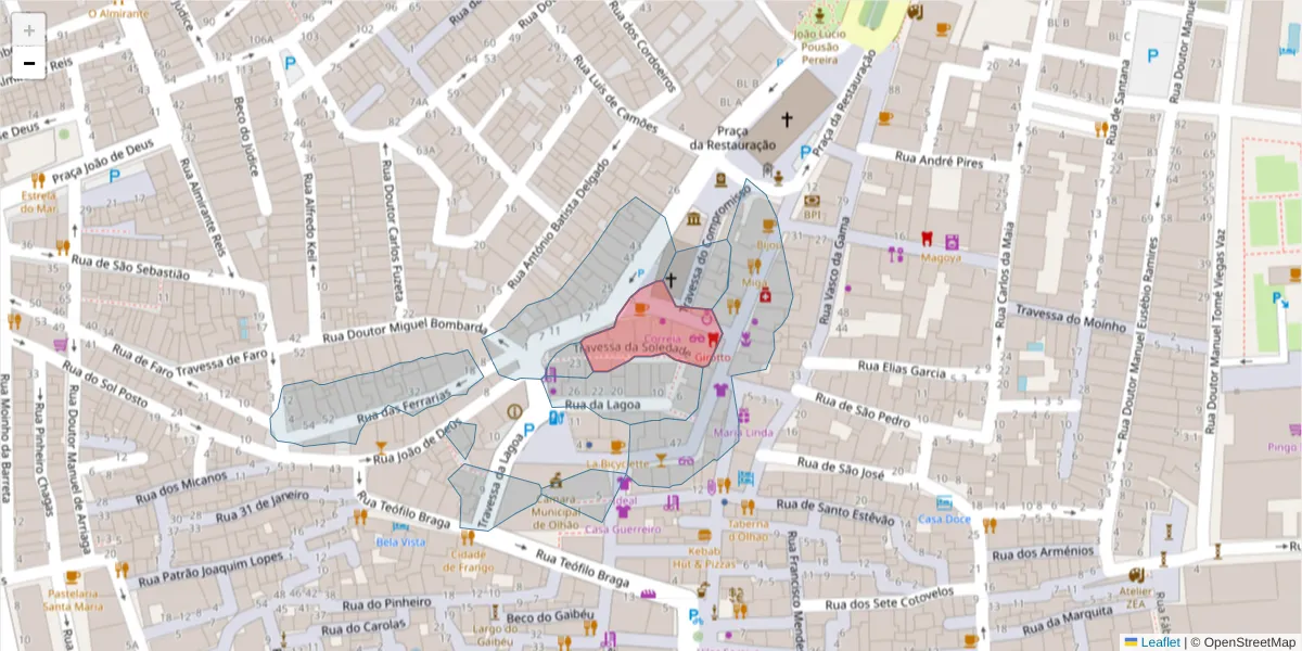 Mapa detalhado do código postal 8700-400 com limites, códigos postais vizinhos e agências dos correios