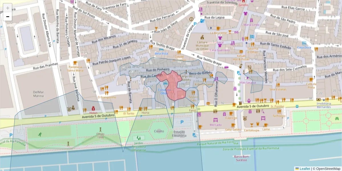 Mapa detalhado do código postal 8700-401 com limites, códigos postais vizinhos e agências dos correios