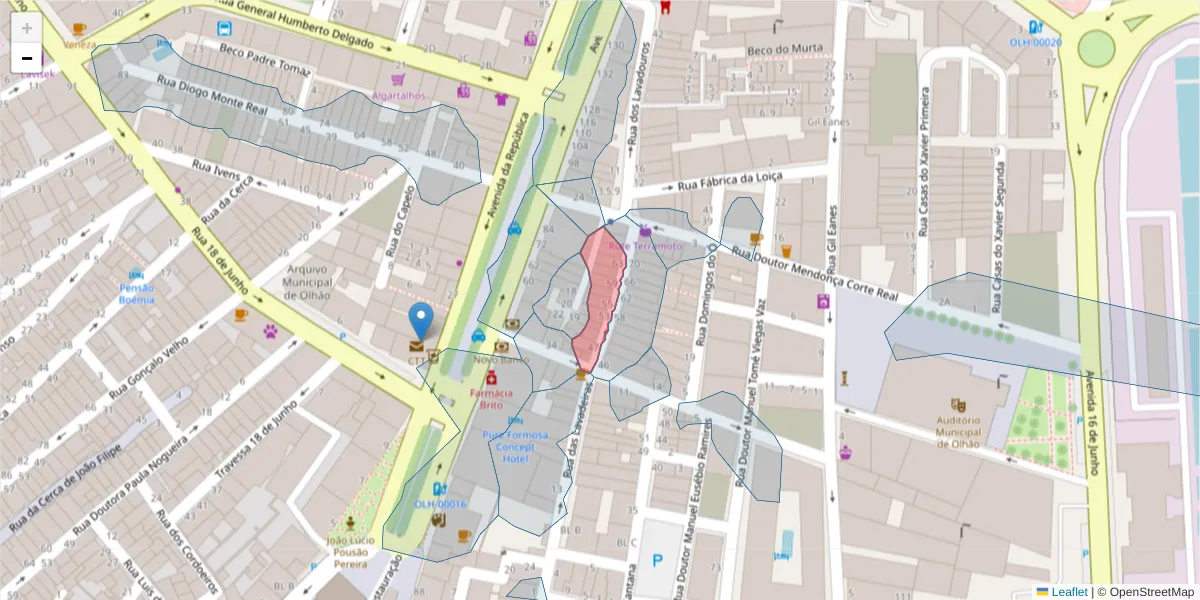 Mapa detalhado do código postal 8700-405 com limites, códigos postais vizinhos e agências dos correios