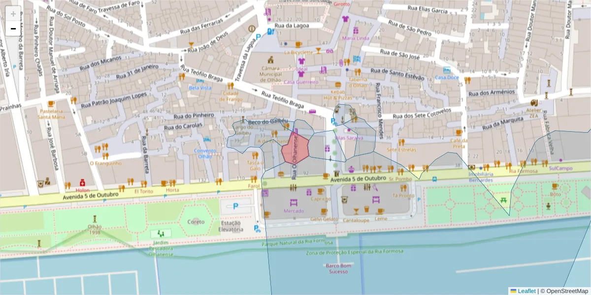 Mapa detalhado do código postal 8700-412 com limites, códigos postais vizinhos e agências dos correios