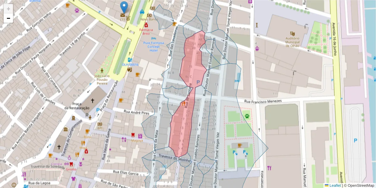 Mapa detalhado do código postal 8700-416 com limites, códigos postais vizinhos e agências dos correios