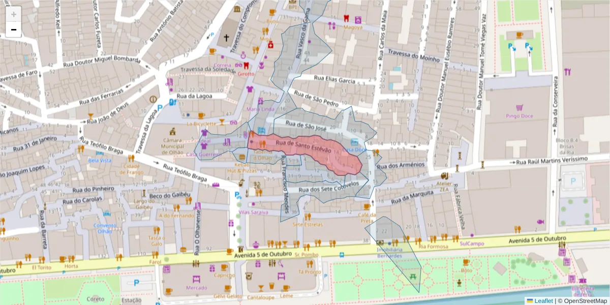 Mapa detalhado do código postal 8700-417 com limites, códigos postais vizinhos e agências dos correios
