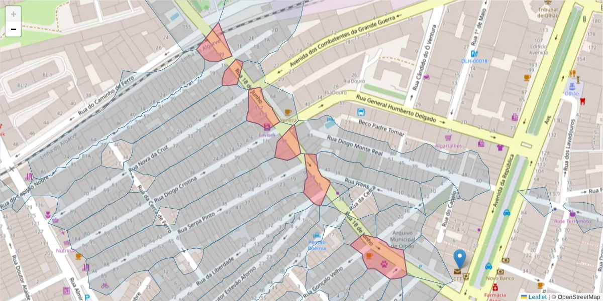 Mapa detalhado do código postal 8700-421 com limites, códigos postais vizinhos e agências dos correios