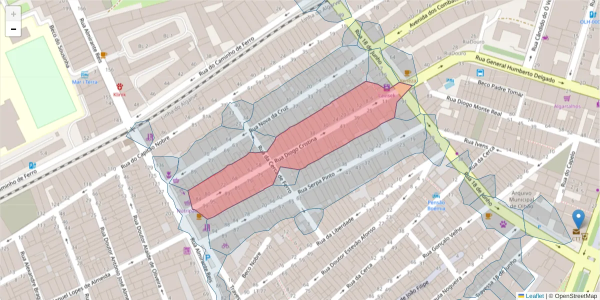 Mapa detalhado do código postal 8700-422 com limites, códigos postais vizinhos e agências dos correios